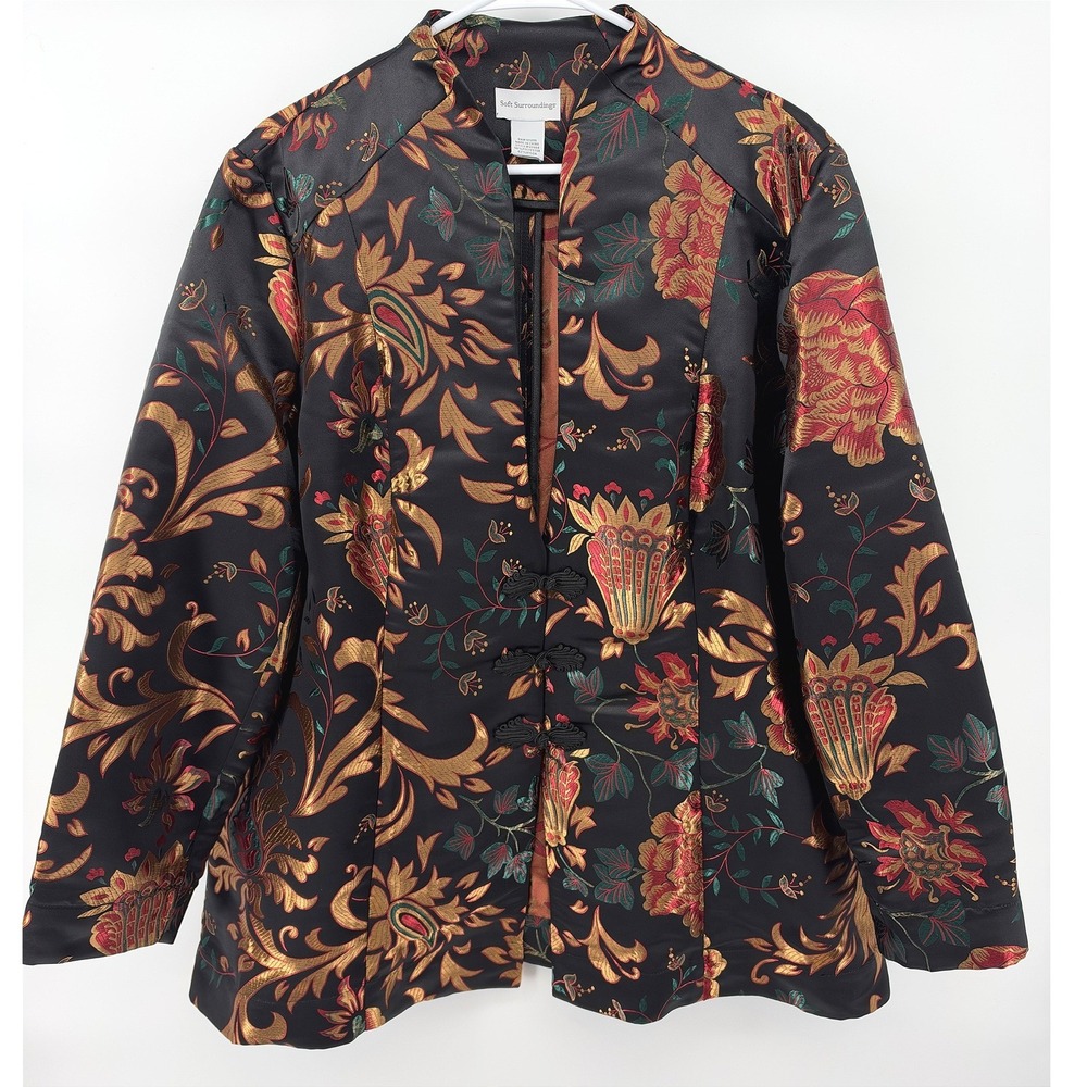 Soft Surroundings Moon Dynasty Satin Brocade Jacket 3X Black Floral Art to Wear